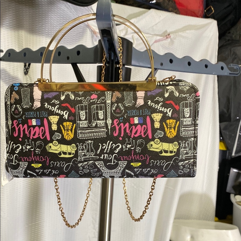 fab'rik Black and Gold Clutch with Urban Chain Detailing
